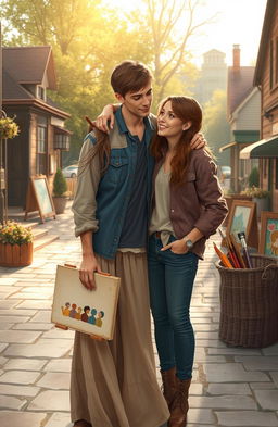 A heartwarming scene depicting two childhood sweethearts, Mia and Jake, emotionally reconnecting in a charming small-town setting