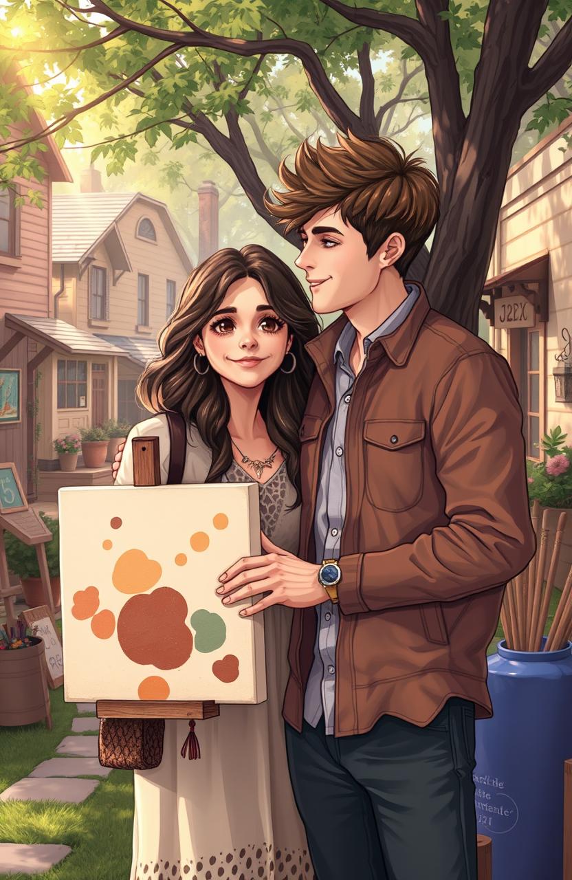 A heartwarming scene depicting two childhood sweethearts, Mia and Jake, emotionally reconnecting in a charming small-town setting