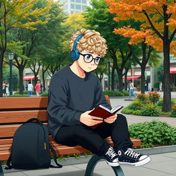 A slightly chubby 16-year-old boy with curly blond hair, blue eyes, and round glasses, seated on a wooden bench in a bustling square surrounded by vibrant trees and lush plants