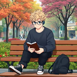 A slightly chubby 16-year-old boy with curly blond hair, blue eyes, and round glasses, seated on a wooden bench in a bustling square surrounded by vibrant trees and lush plants