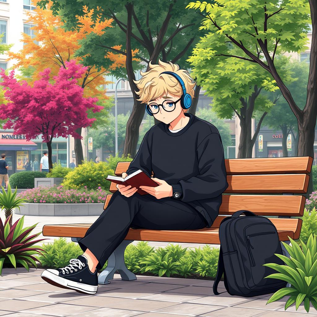 A slightly chubby 16-year-old boy with curly blond hair, blue eyes, and round glasses, seated on a wooden bench in a bustling square surrounded by vibrant trees and lush plants