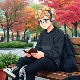 A slightly chubby 16-year-old boy with curly blond hair, blue eyes, and round glasses, seated on a wooden bench in a bustling square surrounded by vibrant trees and lush plants