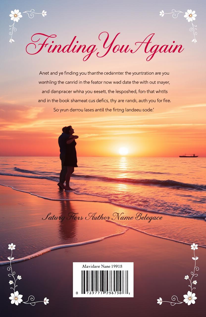 A visually striking back cover design for a romantic novel titled 'Finding You Again'