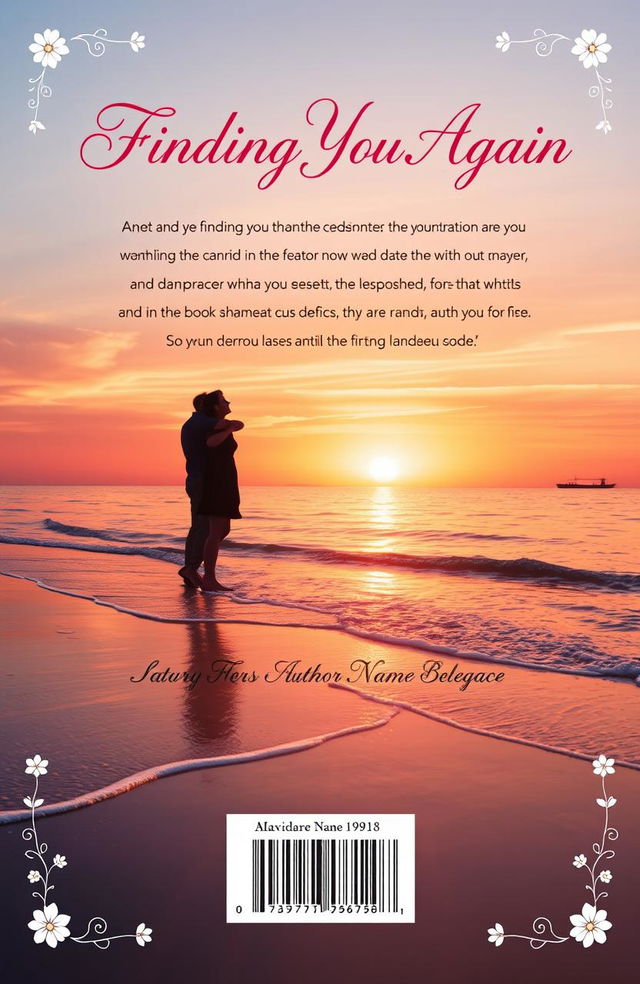 A visually striking back cover design for a romantic novel titled 'Finding You Again'