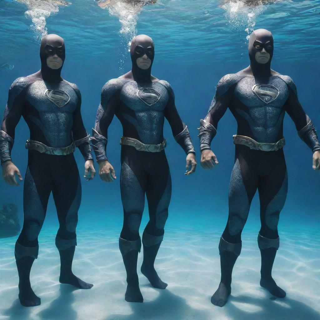 Aquapunk superheroes adorned in aquatic-themed attire made from advanced, bio-inspired materials. They use technology harmonious with marine life, and their abilities relate to the control, manipulation, or survival within water, embodying an undersea utopian world.