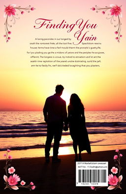 A visually striking back cover design for a romantic novel titled 'Finding You Again'