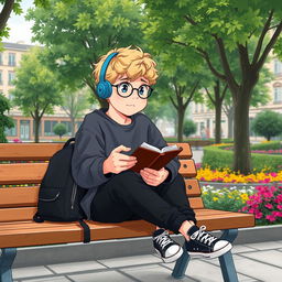 A slightly chubby 16-year-old boy with curly blond hair, blue eyes, and round glasses, sitting on a wooden bench in a lively square filled with green trees and colorful plants