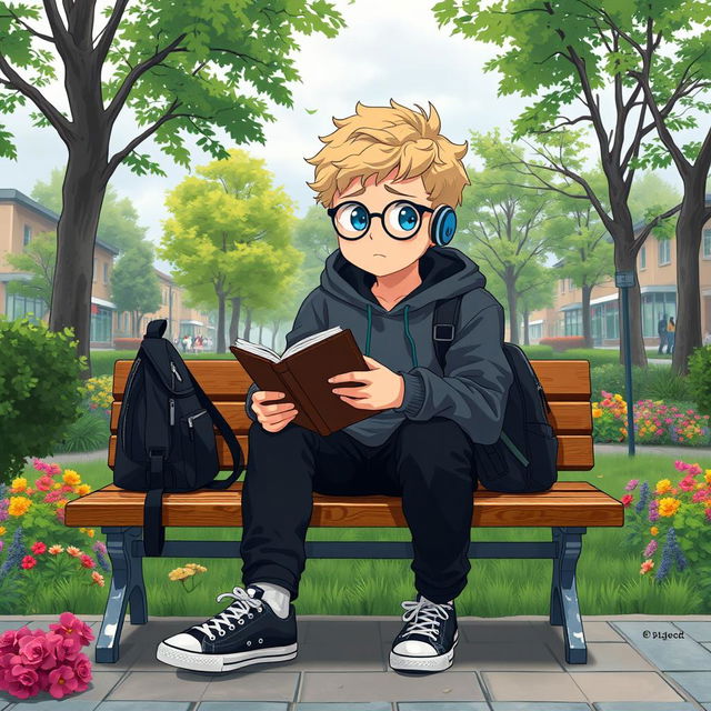 A slightly chubby 16-year-old boy with curly blond hair, blue eyes, and round glasses, sitting on a wooden bench in a lively square filled with green trees and colorful plants