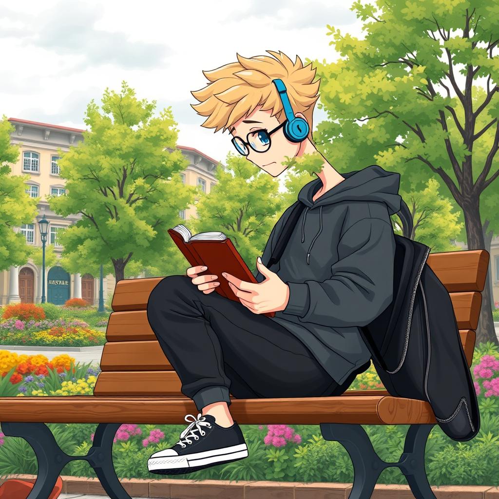 A slightly chubby 16-year-old boy with curly blond hair, blue eyes, and round glasses, sitting on a wooden bench in a lively square filled with green trees and colorful plants