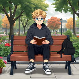 A slightly chubby 16-year-old boy with curly blond hair, blue eyes, and round glasses, sitting on a wooden bench in a lively square filled with green trees and colorful plants