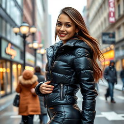 A striking girl in a tight, shiny black puffer outfit that accentuates her figure perfectly