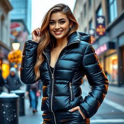 A striking girl in a tight, shiny black puffer outfit that accentuates her figure perfectly