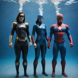 Aquapunk superheroes adorned in aquatic-themed attire made from advanced, bio-inspired materials. They use technology harmonious with marine life, and their abilities relate to the control, manipulation, or survival within water, embodying an undersea utopian world.