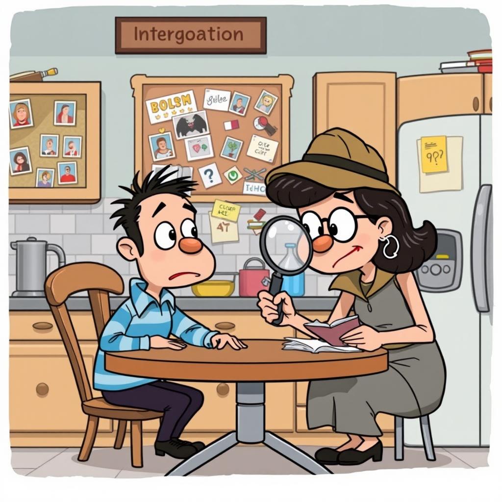 A humorous cartoon illustration depicting Buster and his mom in a lighthearted interrogation scene