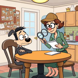 A humorous cartoon illustration depicting Buster and his mom in a lighthearted interrogation scene