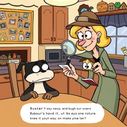 A humorous cartoon illustration depicting Buster and his mom in a lighthearted interrogation scene