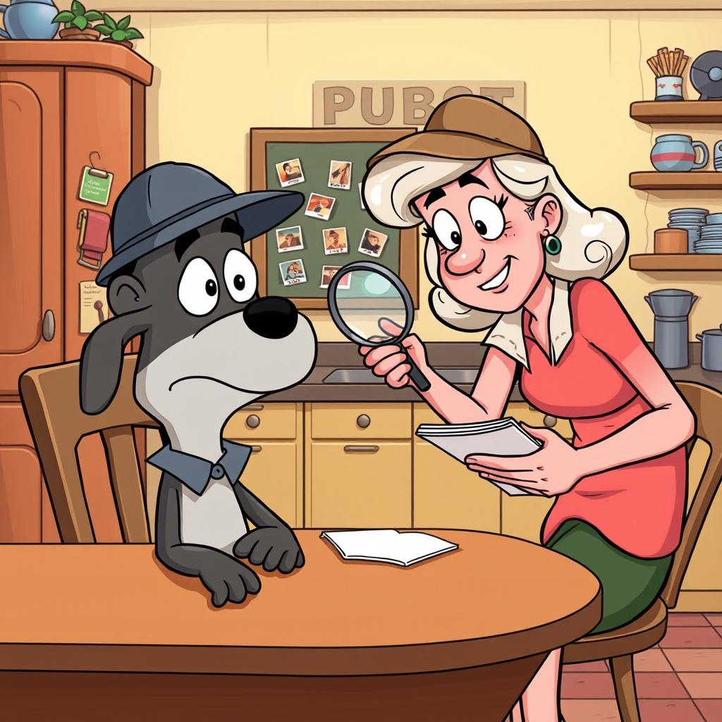 A humorous cartoon illustration depicting Buster and his mom in a lighthearted interrogation scene