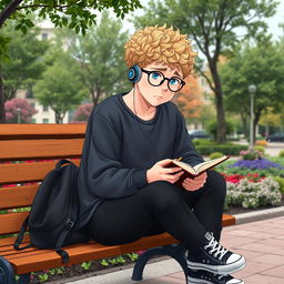 A slightly chubby 16-year-old boy with curly blond hair, striking blue eyes, and round glasses, seated on a wooden bench in a vibrant square teeming with lush trees and vibrant plants