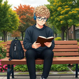 A slightly chubby 16-year-old boy with curly blond hair, striking blue eyes, and round glasses, seated on a wooden bench in a vibrant square teeming with lush trees and vibrant plants