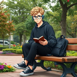 A slightly chubby 16-year-old boy with curly blond hair, striking blue eyes, and round glasses, seated on a wooden bench in a vibrant square teeming with lush trees and vibrant plants