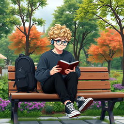 A slightly chubby 16-year-old boy with curly blond hair, striking blue eyes, and round glasses, seated on a wooden bench in a vibrant square teeming with lush trees and vibrant plants