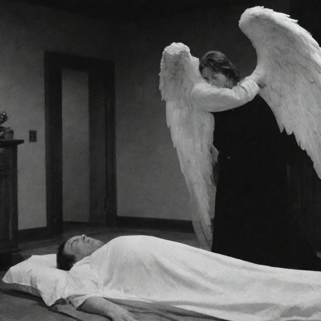 An intense scene showing the previously described Angel of Death forcefully taking a person's life in the presence of an Earthly home.