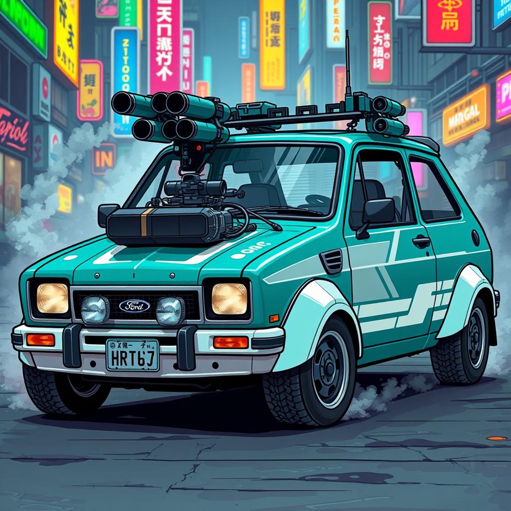 A compact teal 1980s Ford Fiesta with stylish white accents, crafted to seamlessly blend into its environment