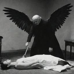 An intense scene showing the previously described Angel of Death forcefully taking a person's life in the presence of an Earthly home.