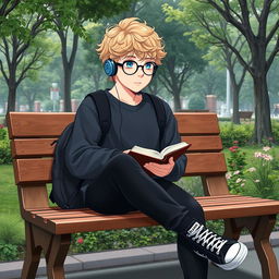 A slightly chubby 16-year-old boy with curly medium-length blond hair, bright blue eyes, and round glasses, sitting on a wooden bench in a lively square filled with green trees and flourishing plants