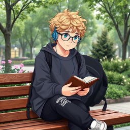 A slightly chubby 16-year-old boy with curly medium-length blond hair, bright blue eyes, and round glasses, sitting on a wooden bench in a lively square filled with green trees and flourishing plants