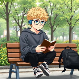 A slightly chubby 16-year-old boy with curly medium-length blond hair, bright blue eyes, and round glasses, sitting on a wooden bench in a lively square filled with green trees and flourishing plants