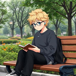 A slightly chubby 16-year-old boy with curly medium-length blond hair, bright blue eyes, and round glasses, sitting on a wooden bench in a lively square filled with green trees and flourishing plants