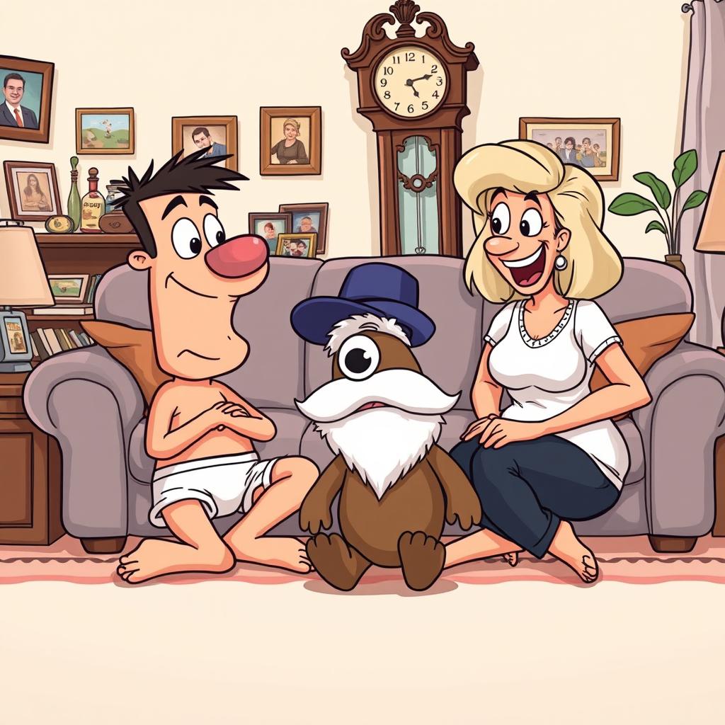 A lighthearted cartoon illustration of Buster and his mom playfully interrogating each other in their living room