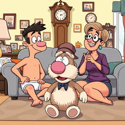 A lighthearted cartoon illustration of Buster and his mom playfully interrogating each other in their living room