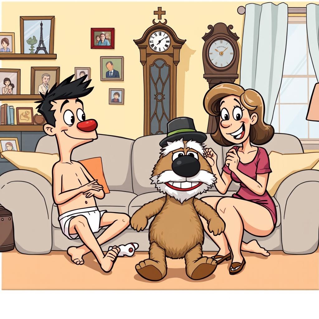 A lighthearted cartoon illustration of Buster and his mom playfully interrogating each other in their living room