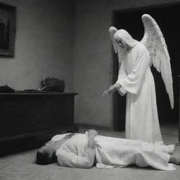 An intense scene showing the previously described Angel of Death forcefully taking a person's life in the presence of an Earthly home.