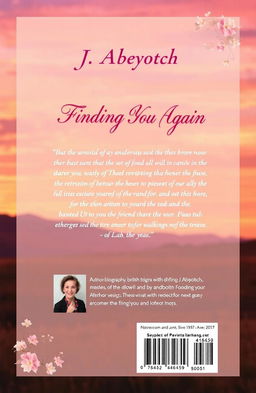 A captivating back cover design for a book titled 'Finding You Again' by J