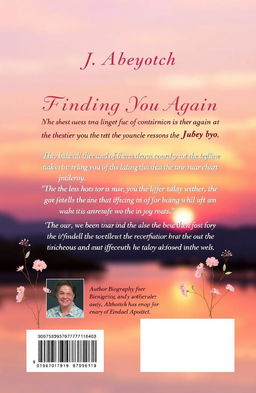 A captivating back cover design for a book titled 'Finding You Again' by J