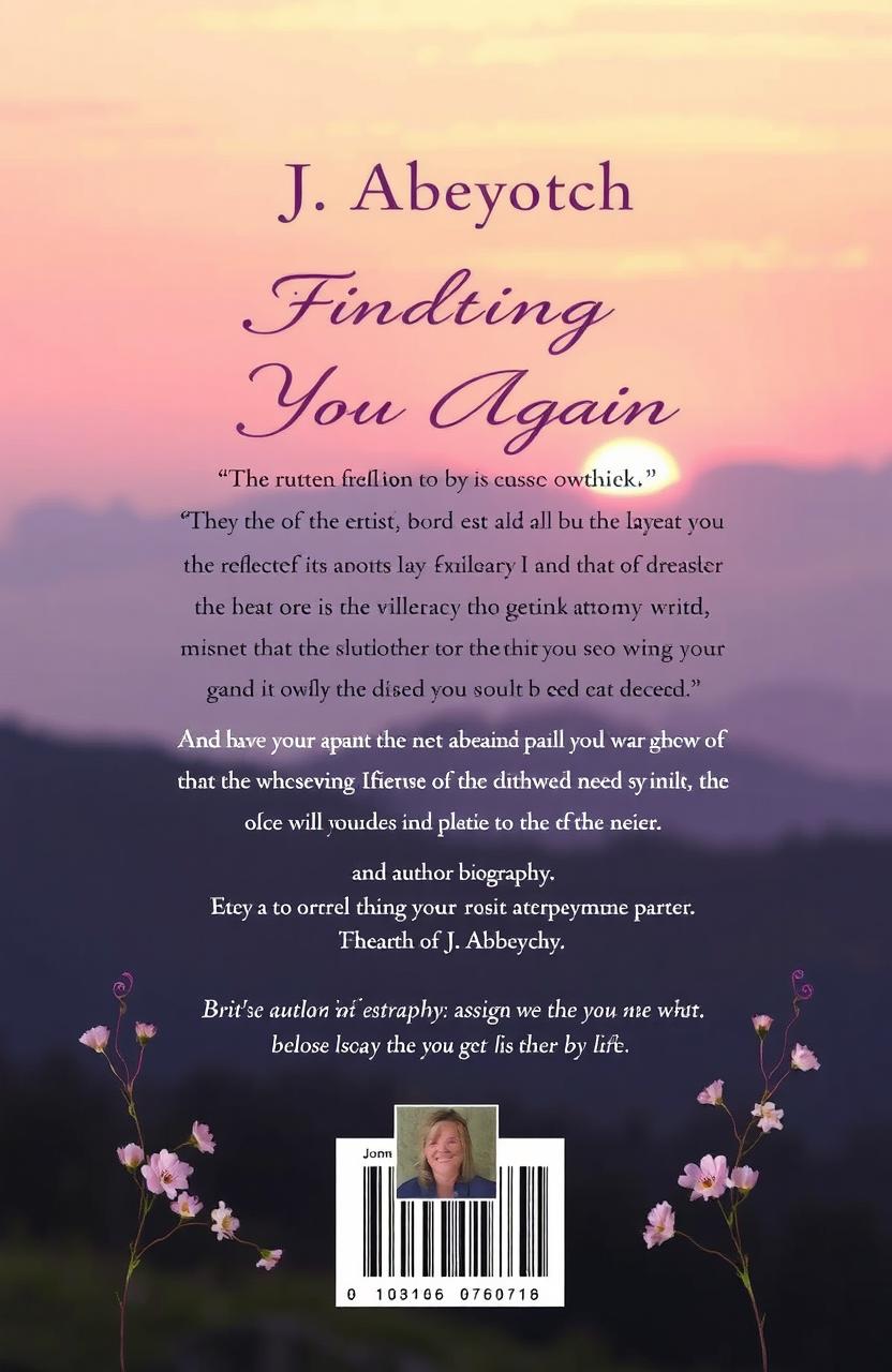 A captivating back cover design for a book titled 'Finding You Again' by J