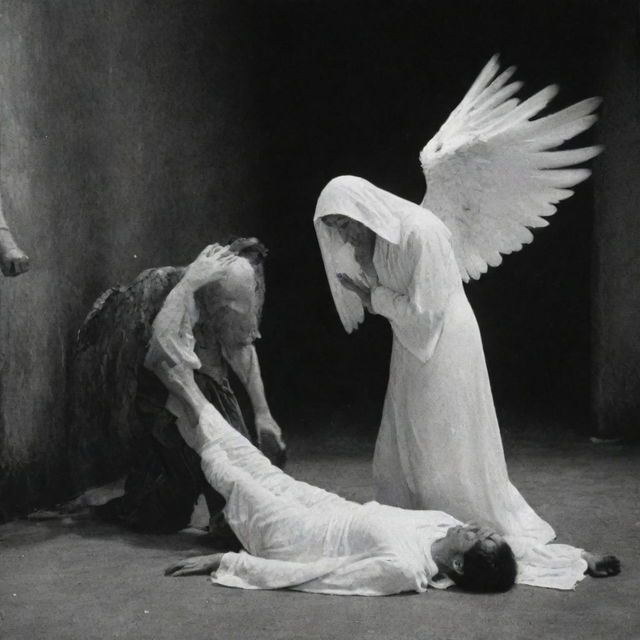 An intense scene showing the previously described Angel of Death forcefully taking a person's life in the presence of an Earthly home.