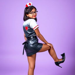 A young Indian girl in a creative nurse outfit, featuring a tight latex mini skirt with a stylish belt