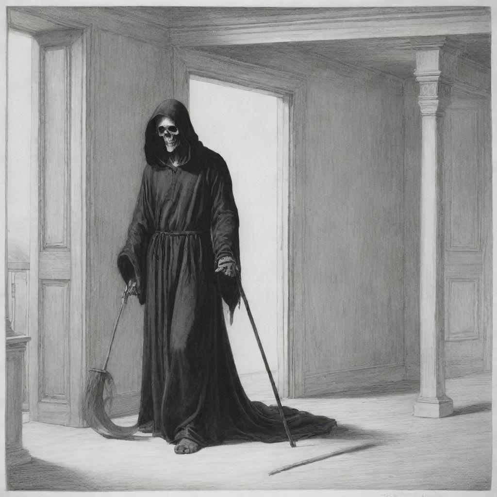 Update the scene to show the inhabitant of the house visibly in pain, while the Angel of Death in the black robe, carrying the scythe, drawing nearer.