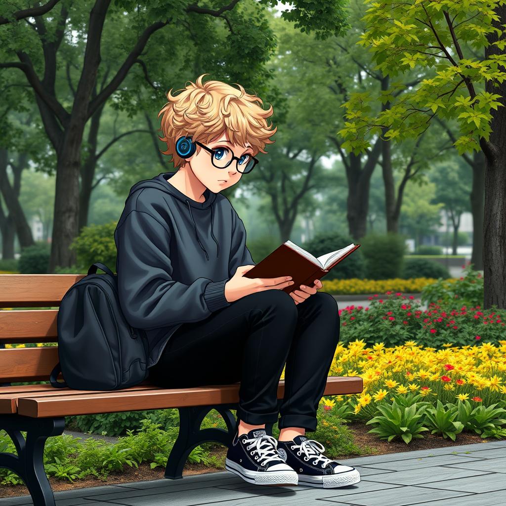 A slightly chubby and tall 16-year-old boy with curly medium-length blond hair, bright blue eyes, and round glasses, sitting on a wooden bench in a square brimming with lush trees and vibrant plants