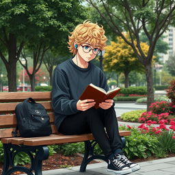 A slightly chubby and tall 16-year-old boy with curly medium-length blond hair, bright blue eyes, and round glasses, sitting on a wooden bench in a square brimming with lush trees and vibrant plants