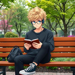 A slightly chubby and tall 16-year-old boy with curly medium-length blond hair, bright blue eyes, and round glasses, sitting on a wooden bench in a square brimming with lush trees and vibrant plants