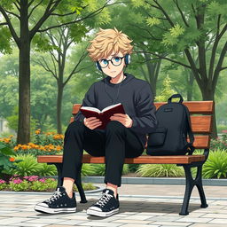 A slightly chubby and tall 16-year-old boy with curly medium-length blond hair, bright blue eyes, and round glasses, sitting on a wooden bench in a square brimming with lush trees and vibrant plants