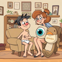 A humorous cartoon illustration of Buster and his mom in a playful interrogation scene inside their home