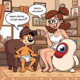 A humorous cartoon illustration of Buster and his mom in a playful interrogation scene inside their home