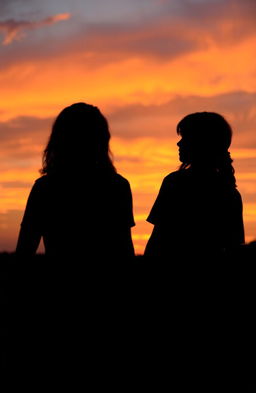 Two shadows of a man with long hair and a 16-year-old boy also with long hair, set against a dramatic sunset backdrop