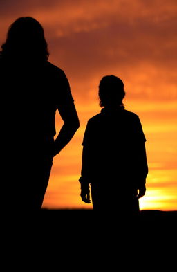 Two shadows of a man with long hair and a 16-year-old boy also with long hair, set against a dramatic sunset backdrop